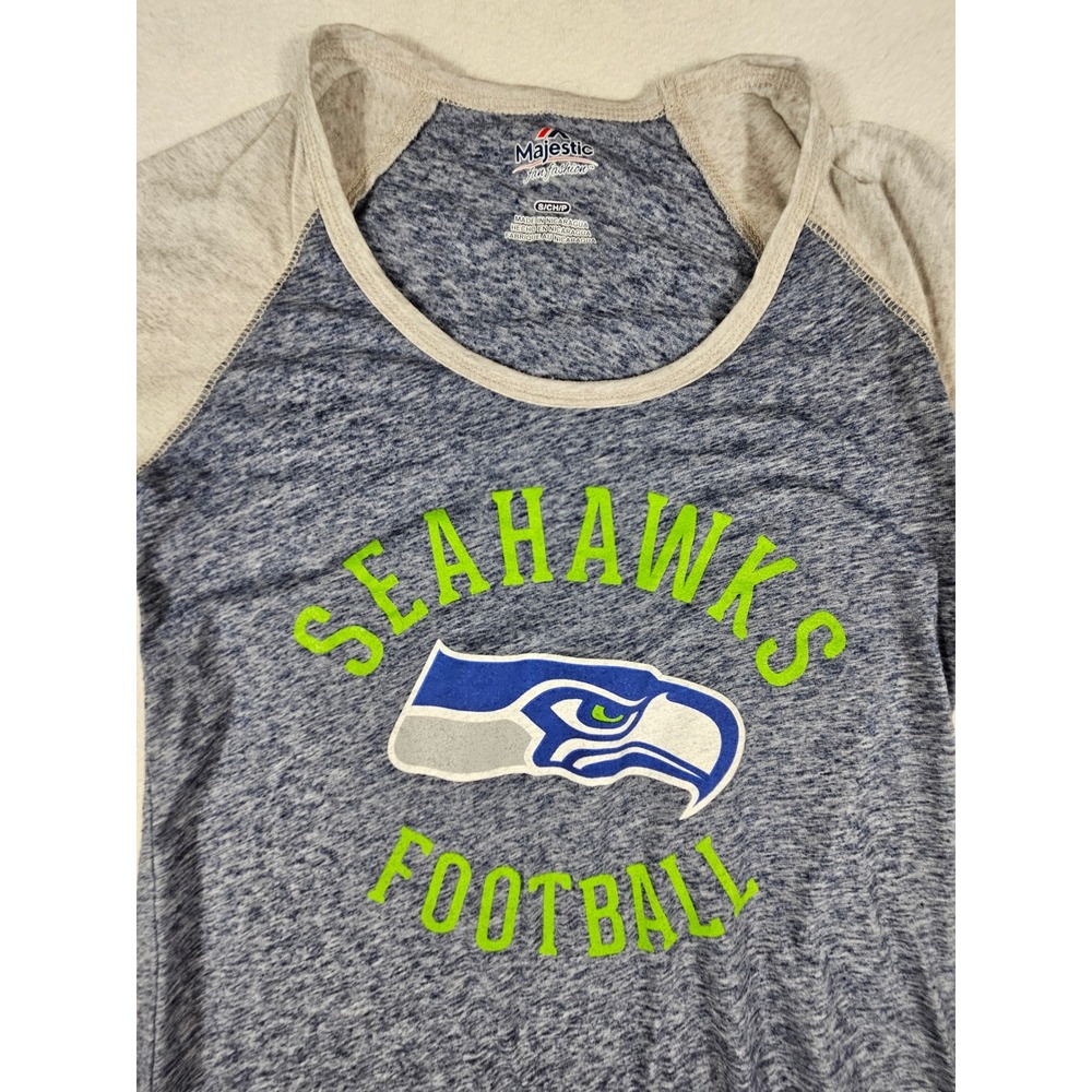 Majestic NFL Seattle Seahawks Womens Space Dye Raglan 3/4 Sleeve Shirt Small New